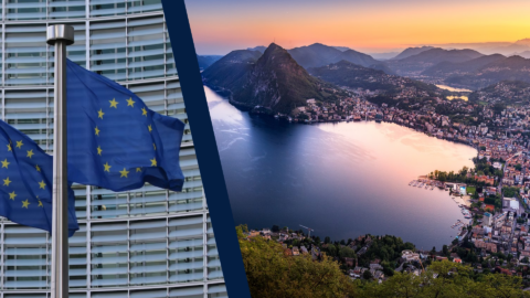 Collage aus EU Flage (links) und Blick auf Lugano (rechts).